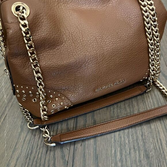 Michael Kors Saddle Brown Leather Gold Studded Chain Handbag - Picture 8 of 12